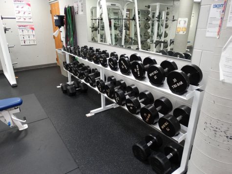 Image of the dumbells and free lifting weights in the Century College weight room.