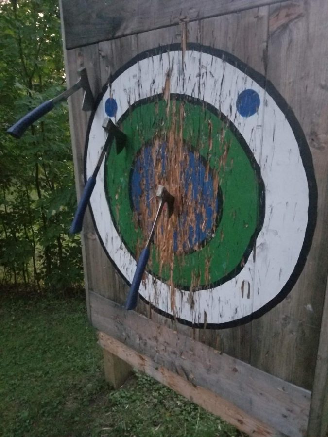 Our axe board at home. We’ve hit the bullseye so many times that it’s almost gone. It’s fun to see if we can line up the axes when we throw them. We make a game of it.