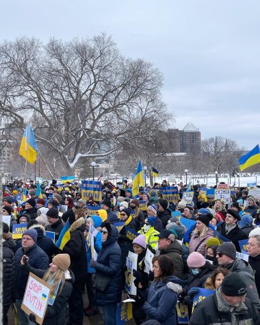 A crowd gathers in the middle of winter on the front lawn of Minnesota's capital to protest the war in Ukraine.