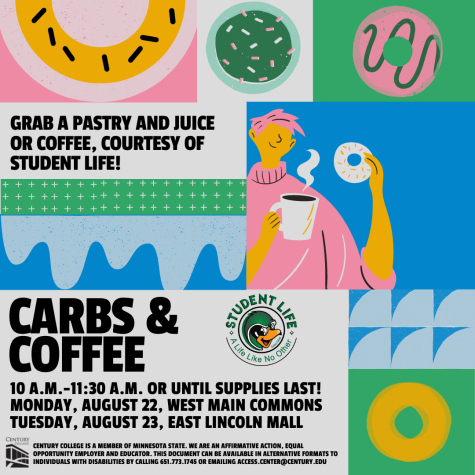 Wood Duck Welcome - Carbs & Coffee Monday, Aug. 22, 10-11:30am - West Campus Main Commons Tuesday, Aug. 23, 10-11:30am - East Campus Lincoln Mall