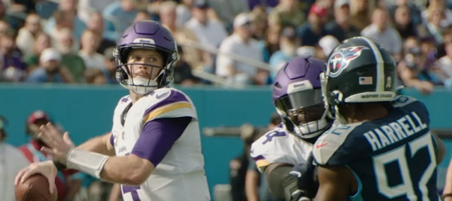 Minnesota Vikings quarterback, Sam Darnold, playing against the Tennessee Titans at Nissan Stadium on November 17, 2024